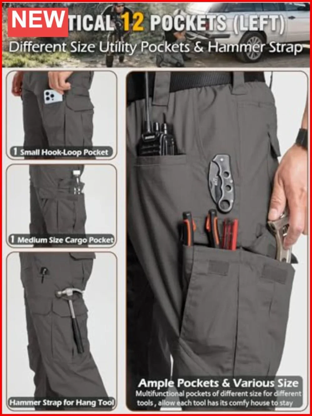 Cargo Work Pants Stretch Ripstop Water Resistant Utility Tactical 12 Pockets
